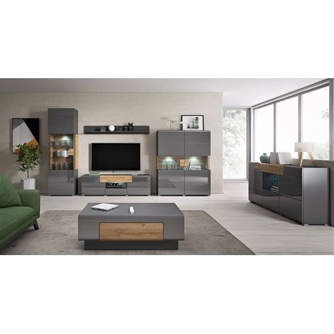 Ensemble complet de 6 meubles de salon collection OHIO. Coloris gris et effet chêne.