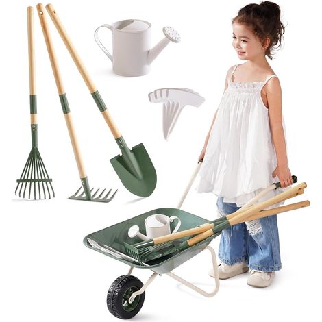 Brouette en métal pour enfants avec outils de jardin, vert, à partir de 3 ans Avec arrosoir, outils de plantation, panneaux de plantation et poignées en bois réglables pour jardin, cour et bac à sabl (1/5)
