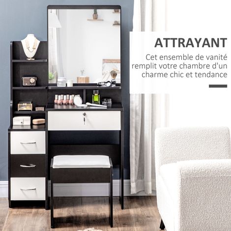 HOMCOM Coiffeuse tabouret rembourré miroir 4 tiroirs blanc noir