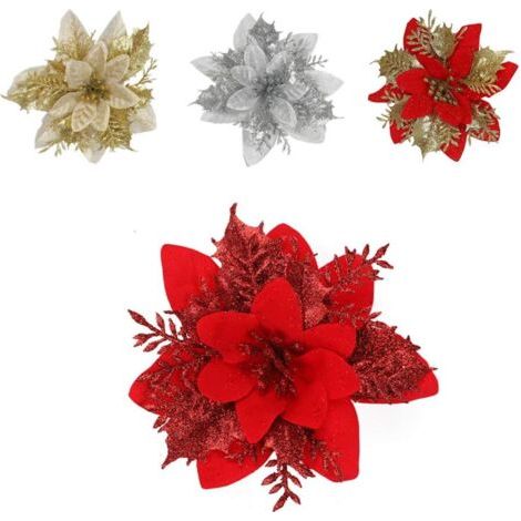 Green Mobility-12pcs fleur de simulation de Noël, fleur de Noël poinsettia, fleur de Noël, décoration d'arbre de Noël, fleurs de Noël artificielles (rouge) (1/5)