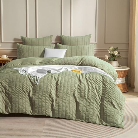 Parure de lit d'été en seersucker - Housse de couette 135 x 200 cm - Avec taie d'oreiller de 80 x 80 cm - Légère, douce et respirante - Avec fermeture éclair - Vert (1/5)