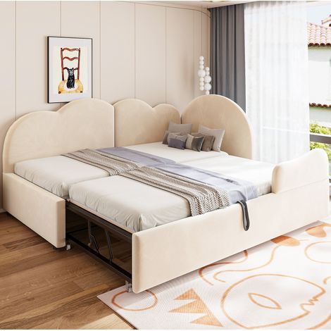 Cama-sofá en L 90 x 200 + 90 x 190 cm, cabecero en forma de nube, terciopelo beige OKMYHOME (1/5)