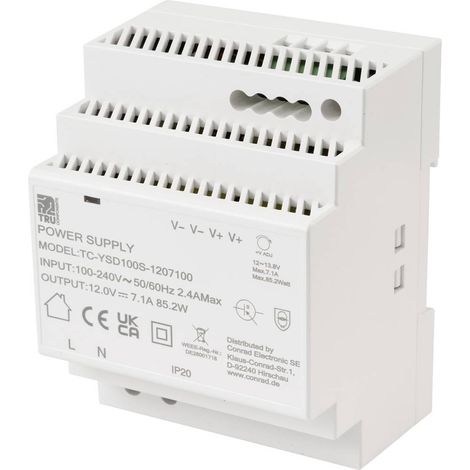 TRU COMPONENTS TC-13710884 Alimentation rail DIN Consommation (veille) 0.3 W 12 V/DC 7.1 A 85.2 W Nbr. de sorties:1 x C
