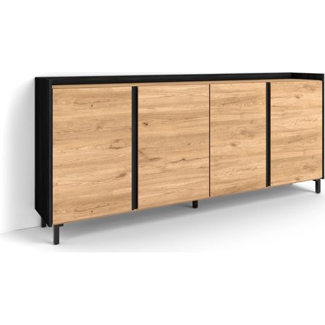 Skraut Home - Credenza, Mobile, Cucina, Madia, mobile ingresso, 207x35x91cm, 4 Porte, Design industriale, Stile moderno, Rovere e nero (1/5)