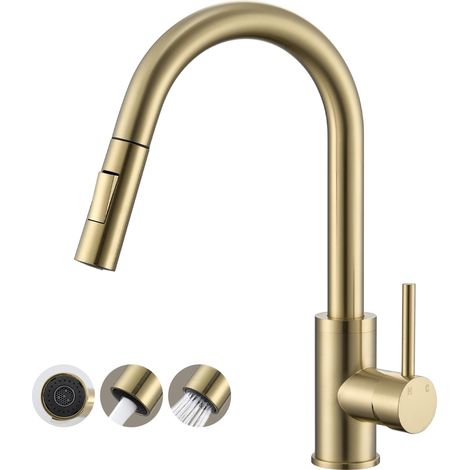 Küchenspülenmischer mit ausziehbarem Auslauf aus gebürstetem, goldfarbenem Edelstahl – Küchenarmatur mit 360° drehbarem, hohem Auslauf, goldfarbener Einhebelmischer, inklusive flexibler Anschlussschlä