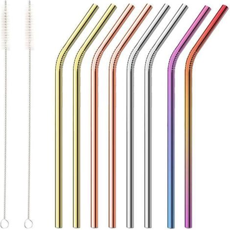 Paquet de 10 - Pailles reutilisables de couleur en acier inoxydable - Comprend 2 longues brosses de nettoyage (1/4)