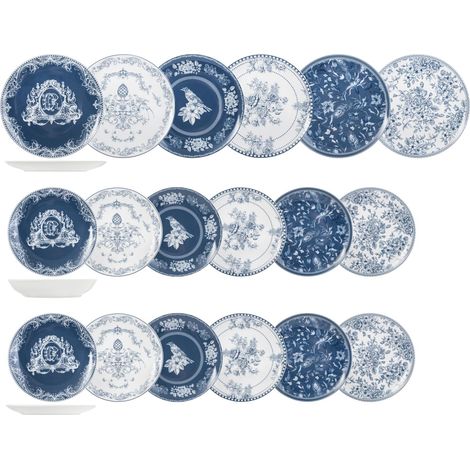 Service de table 18 pièces Chelsea Garden, service de table pour 6 personnes, élégant et éclectique, style anglais, décorations bleues et blanches, porcelaine, lavable au lave-vaisselle