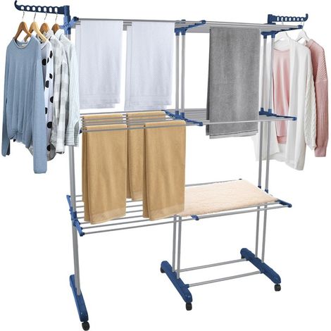 Étendoir à linge extensible et compact, 75-132x49x170cm, avec ailes repliables, perche télescopique et 6 roulettes (1/5)