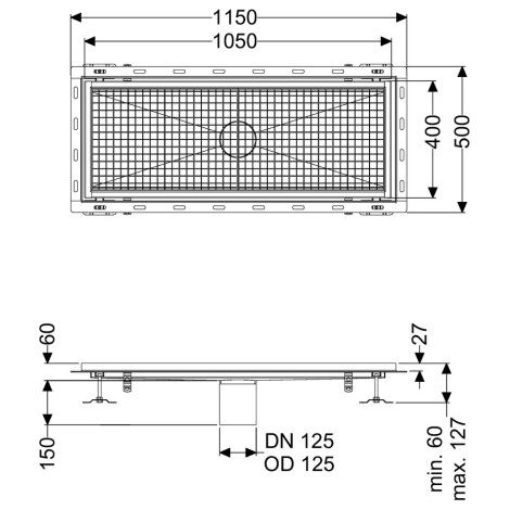 Caniveau Ferrofix avec angle de raccordement pour carrelage, 400 x 1050 mm