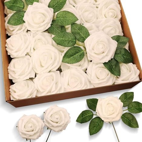 50 Pcs Artificielle Rose Fleurs Roses Faux Roses avec Tige pour Bouquets De Mariage Décorations De Féte é La Maison Saint Valentin Blanc (1/5)