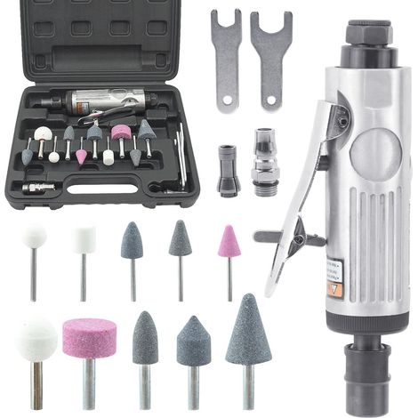Ej.Life Kits de Meuleuse Pneumatique 16 Pièces, 25000RPM Mini Meuleuse Droite Pneumatique pour La Réparation de Pneus et Autres Applications A