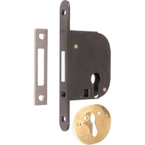 JPM – Serrure à larder petit coffre acier noir – Clé I – Axe 50 mm – Pêne dormant acier laitonné – Gâche plate acier incluse