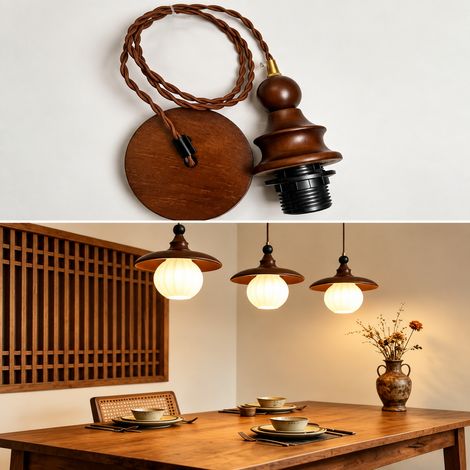 Suspension luminaire bois douille câble torsadé marron 1 m modèle petite boule pagode abat-jour 150 g – Livraison gratuite (1/3)