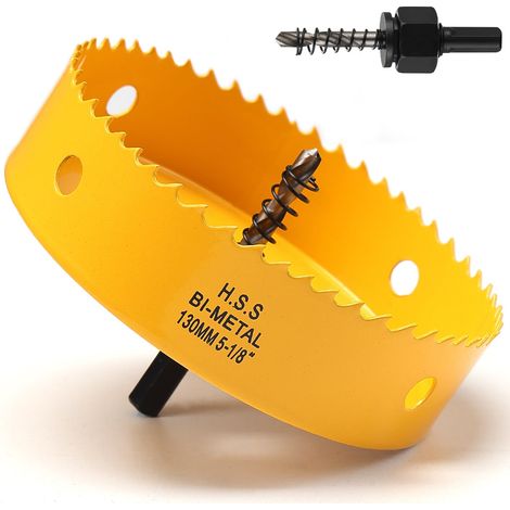 Scie cloche 130mm, Scie Trépan avec adaptateur hexagonal et embout central, Bi-métal HSS M42 scie cloche pour plastique, aluminium, plaques de plâtre, Jaune (1/5)