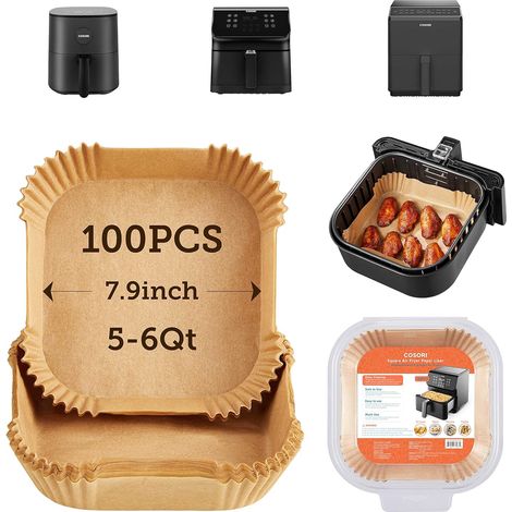 100 Papier cuisson, Carré 7.9 pouces, Revêtement silicone, Résistant chaleur 465°F, Pour friteuse à air 5-6QT (1/5)