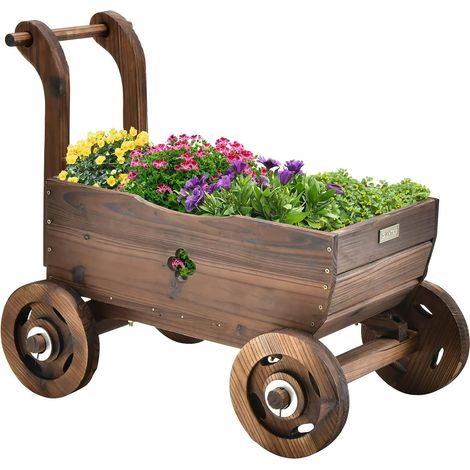 GOPLUS Jardinière en Forme de Chariot à 4 Roues, Décoration de Jardin en Bois avec 2 Trous de Drainage, 68 x 38,5 x 53,5 CM, Marron (1/5)