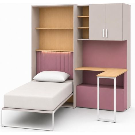 Cameretta Con Letto A Scomparsa Scrivania Armadio E Cassettiera Mobile Salvaspazio In Melaminico Per Camera Bambini Ragazzi E Ospiti 133 X 208.5 X 45-216 Cm Cashmere E Rosa (1/5)