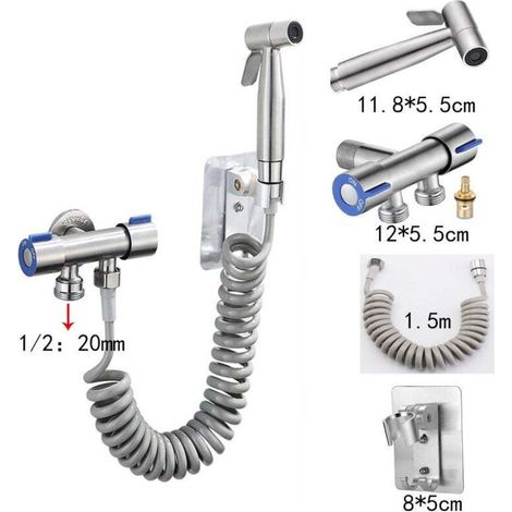 Ensemble pistolet pulvérisateur pour toilettes (pistolet pulvérisateur + tuyau 1,5 m + base sans poinçon + vanne d'angle à double commande) argent