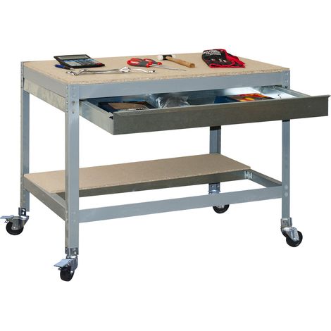 Simonrack Table de travail gris et bois avec tiroir (1/2)