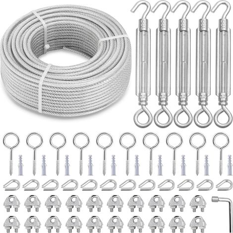 Steel Cable 5 mm Core 7x7 Strands, 30 m PVC Sheathed Steel Cable WLL 730 kg, Shade Sail Tensioner Kit for Railing, Balusters, Fence, Garlands, Laundry, Curtain, Shade Sail (1/5)