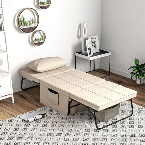Sillón Cama Tapizado en Lino con Respaldo Ajustable de 5 Niveles Almohada Acolchada 75x80x74 cm Crema (1/5)