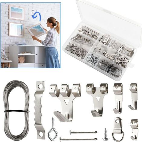 250 Pièces Argent Crochet Tableau, Crochet Pour Cadre Photo, crochet cadre, Kit de suspension de tableaux avec Vis, Clous, Anneau en D et œil à Vis, cintres en Dent de Scie, câble d'acier (1/5)