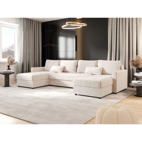 Tendencio – Canapé d’angle panoramique convertible en U – 285 cm large – 220 x 135 cm couchage – Rangement intégré – Tissu doux beige (1/4)