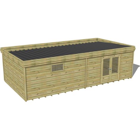 Abri Français – Abri de jardin en pin traité autoclave 28mm – Dimensions 8,707x4,602m – Bac acier laqué gris – Plancher en bois massif 35,8m² (1/3)
