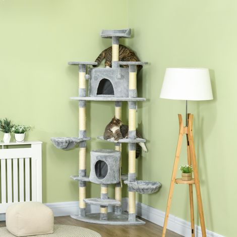Arbre à chat géant 200 cm XXL gris clair, avec hamacs et cachettes, stable pour chats de grande taille