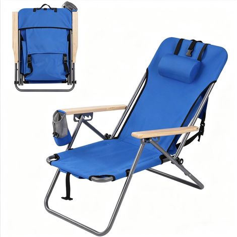Chaise de camping pliante bleue avec dossier réglable 4 positions, appui-tête et accoudoirs amovibles, fauteuil de jardin portable pour plage et pique-nique  CHICFURN (1/5)