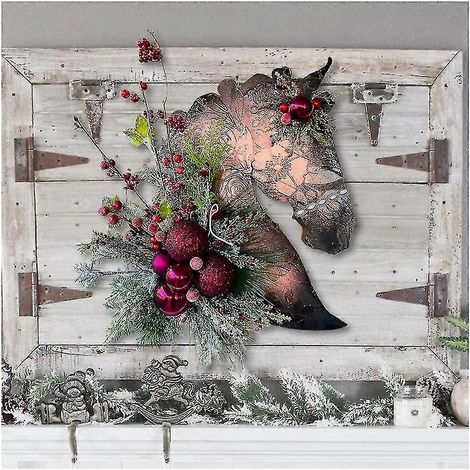 Couronne de Noël de 40 cm (16 pouces) en forme de tête de cheval, idéale pour les décorations de Noël et les ornements des fêtes. (1/5)