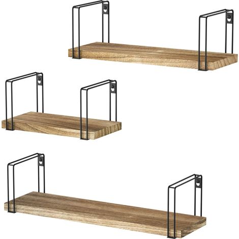 Étagère Murale Bois Lot de 3 Étagères Flottantes Avec Équerre, Pour Cuisine Salon Chambre Bureau, Charge Maximale 18 KG (1/5)