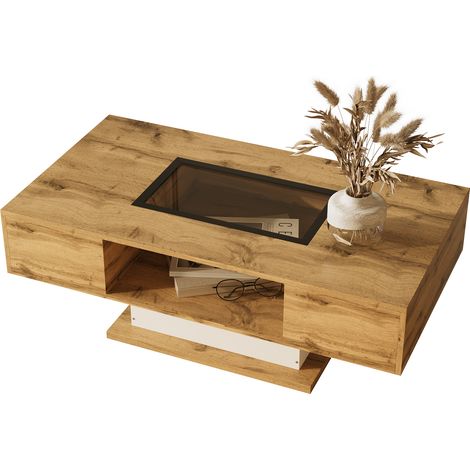 Mesa de Centro con 2 Cajones y LED Regulable, Tapa de Cristal, Estilo Moderno, en Tablero de Partículas, 110,2×60×39,7 cm, Natural (1/5)
