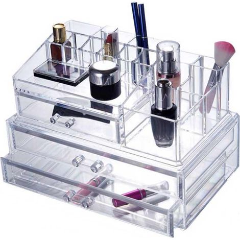 Organizer grande per trucchi e pennelli scatola trasparente con 3 cassetti e 15 scomparti organizzatore per cosmetici espositore 30 x 19.5 x 19 cm (1/3)