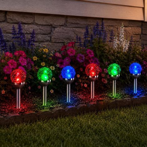 Set of 6 RGB Color Changing Cracked Ball Solar Garden Lights - Waterproof Stainless Steel Outdoor Stake Solar Lights for Patio, Yard, Driveway [Energy Class (1/5)