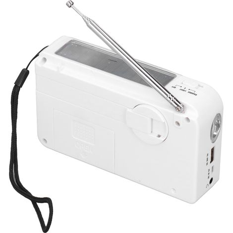 Lampe torche radio multifonction manivelle solaire rechargeable USB blanc avec batterie intégrée (livrée sans piles dans le compartiment) (1/5)