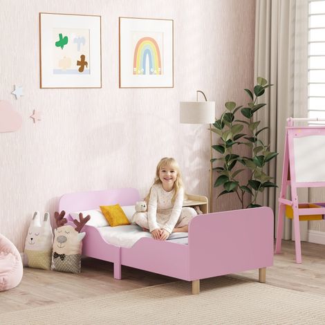 Cadre de lit enfant MDF rose, sommier intégré avec barrière de sécurité, petit lit pour chambre d'enfant, sans matelas
