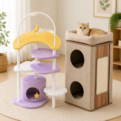 Set di tiragraffi a più livelli (2 pezzi) – Torre tiragraffi a 3 livelli e tiragraffi con piattaforma a forma di luna da 158 cm (1/5)