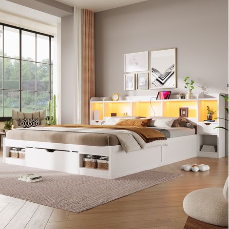 MODFU – Letto matrimoniale 180x200 cm in MDF/compensato con LED 7 colori, USB, 3 cassetti, 6 nicchie e carico 200 kg – Bianco (1/5)