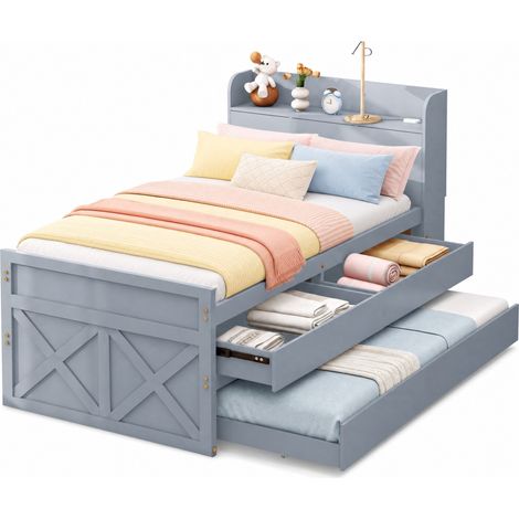 Lit 1 place en bois gris avec lit gigogne, 2 tiroirs, niche de chevet et USB, sommier à lattes 90x190 cm pour chambre d’ado ou d’ami, gain de place – CHICFURN (1/5)