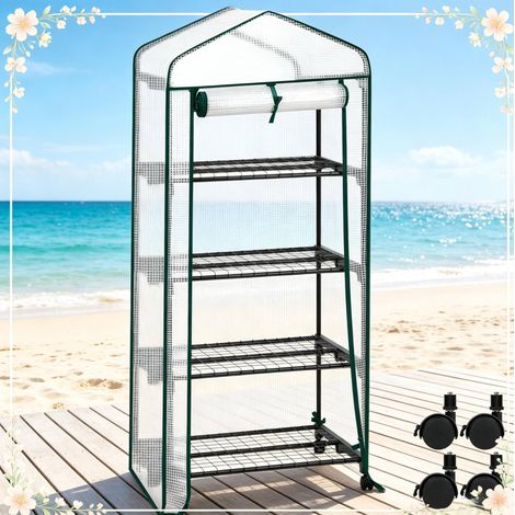 Mini invernadero con ruedas, 4 estantes, puerta enrollable, 70 x 50 x 163 cm, blanco HAVRYA (1/5)
