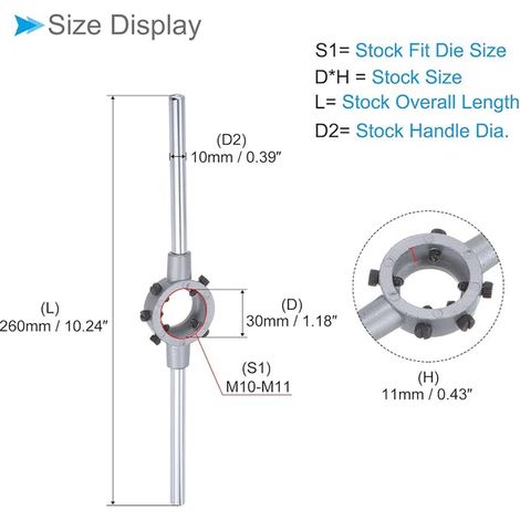 Set of Die Holder Handle, Die M10x1.25 and Die Wrench Adapter for OD 30mm/for Die M10-M11 - (Applications: for Thread Repair), 1 Set