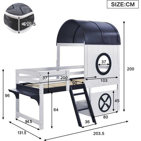 Hausbett 90×200 cm, Einzelbett mit Schublade, Schrägleiter und Ablage, ohne Matratze, Massivholz und MDF (1/4)