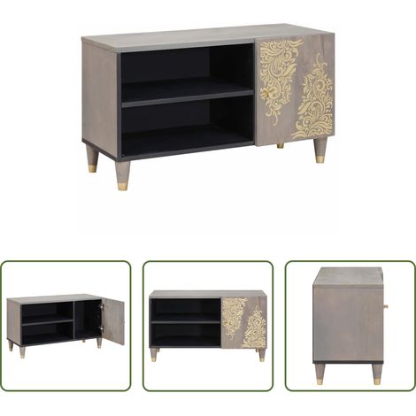 vidaXL Meuble tv avec étagère - Meuble TV avec porte Gris 80 x 33 x 46 cm Bois de mangue massif (1/5)