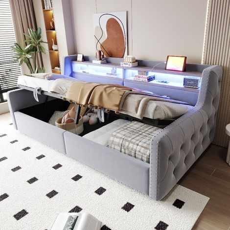 Polsterbett Schlafsofa 90x200 cm mit hydraulischem Stauraum und LED-Beleuchtung, Samt Bettsofa mit Steckdose und Lattenrost, Hellgrau (1/5)