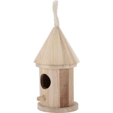 Nichoir rond suspendu en bois à monter soi-même, idéal pour la décoration de jardin. Petite taille (5 cm), avec corde. (1/5)