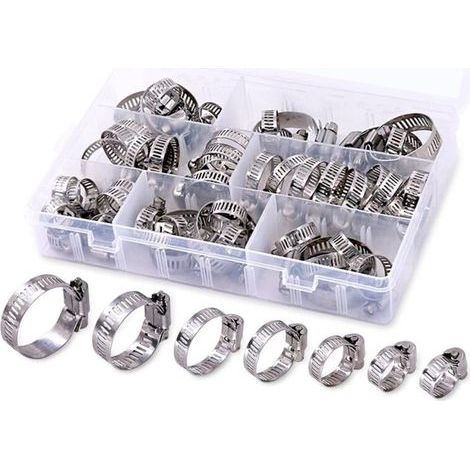Assortiment de 60 colliers de serrage réglables en acier inoxydable, 8-38 mm, 7 tailles, pour tuyaux, plomberie, conduites de carburant, applications automobiles et mécaniques. (1/4)