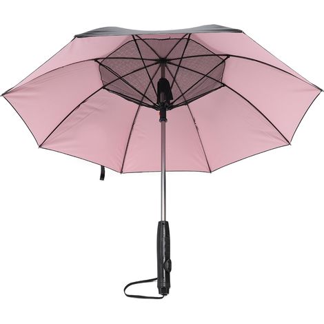 Ortviai Parasol solaire électrique avec ventilateur et pulvérisation, toile vinyle 190T anti-UV, poignée longue, noir extérieur rose intérieur (1/5)