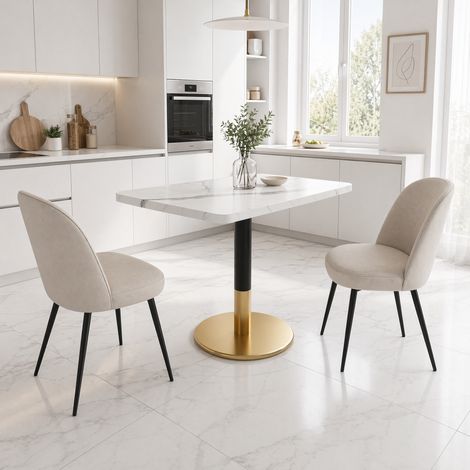 Mesa de comedor rectangular 80 x 60 cm para 2, MDF blanco mármol, negro y dorado DESVIAE (1/5)