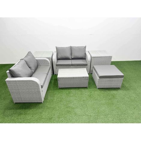 Fimous 5 Seater Outdoor Love Sofa Set Rattan Garden Furniture Set with Rectangular Coffee Table Big Footstool 2 Side Tables Light Grey (1/4)